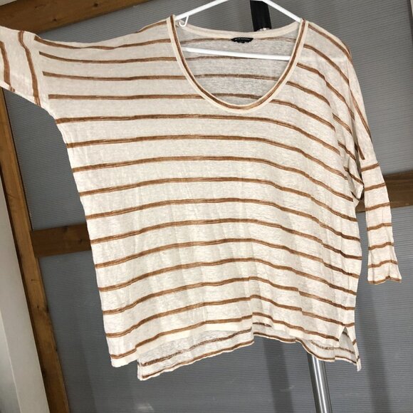 CLUB MONACO 100%‎ Linen Cream Brown Stripe 3/4 Sleeve Oversize Shirt Sz M/L - Picture 3 of 13